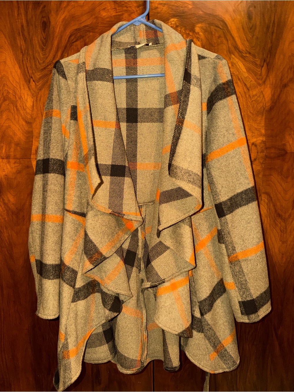 Vintage Plaid Open Front Cascade Cardigan Jacket - Gray & Orange